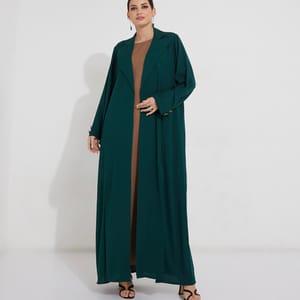 Green Abaya With V Neck Jacket Style And Buttons Design + Brown Dress Inside + Belt