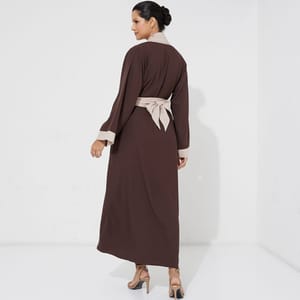 Brown 26 Simple Open Abaya With Beige Design +Belt - Abayas 1