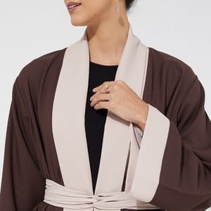 Brown 26 Simple Open Abaya With Beige Design +Belt - Abayas 2