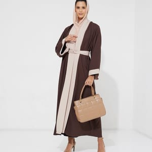 Brown 26 Simple Open Abaya With Beige Design +Belt - Abayas 3