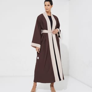 Brown 26 Simple Open Abaya With Beige Design +Belt - Abayas
