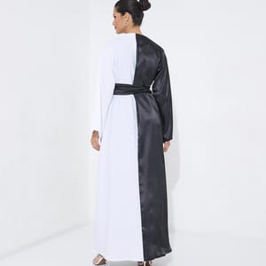Elegant Half Black & Half White Abaya With Belt - Abayas 1