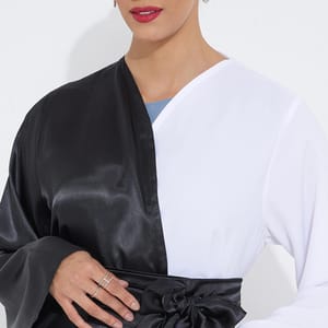 Elegant Half Black & Half White Abaya With Belt - Abayas 2