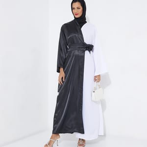 Elegant Half Black & Half White Abaya With Belt - Abayas 3