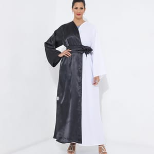 Elegant Half Black & Half White Abaya With Belt - Abayas