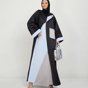 Black Abaya With Blue Cut Design & Grey Pocket - Abayas