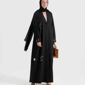 Gold Denim Abaya - Hand Embroidered With Gold Pearl Flower Designs - Abayas 3