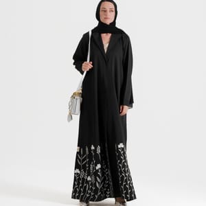 Gs Flowers Abaya With Neck Design Embroidery White Flowers Designs - Abayas 9
