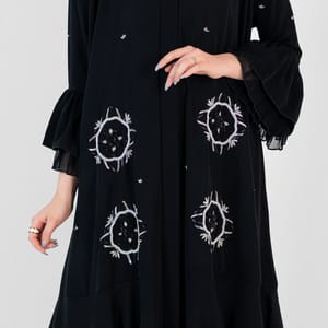 Abaya with silver embroidery design and chiffon Style - Black Rosette Abaya - Women's Abayas 1