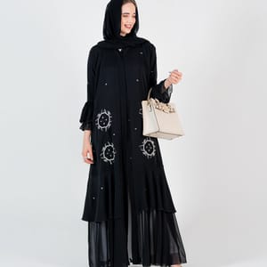 Abaya with silver embroidery design and chiffon Style - Black Rosette Abaya - Women's Abayas 4