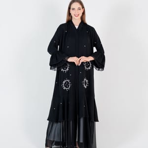 Abaya with silver embroidery design and chiffon Style - Black Rosette Abaya - Women's Abayas