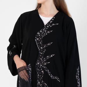 Abaya with wave style and silver hand embroidery + pocket Net Embroidery - Black Rosette Abaya - Women's Abayas 1