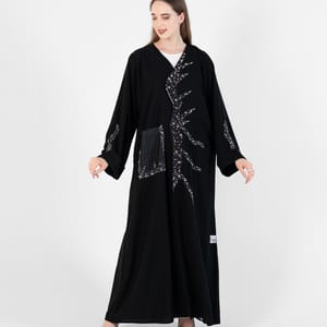Abaya with wave style and silver hand embroidery + pocket Net Embroidery - Black Rosette Abaya - Women's Abayas 2