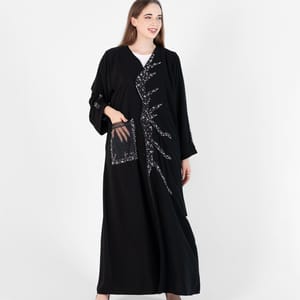 Abaya with wave style and silver hand embroidery + pocket Net Embroidery - Black Rosette Abaya - Women's Abayas