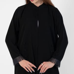 Abaya with Button style and pleated design on sleeves - Black Rosette Abaya - Women's Abayas 1