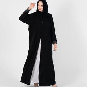 Abaya with Button style and pleated design on sleeves - Black Rosette Abaya - Women's Abayas 4