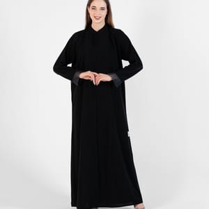 Abaya with Button style and pleated design on sleeves - Black Rosette Abaya - Women's Abayas