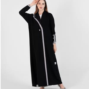 Abaya With Button Style And Grey Color  Design On Sleeves - Black