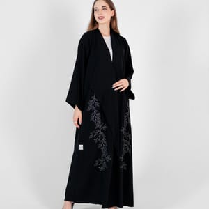 Abaya with Stitching design Silver and black Rosette Abaya - Women's Abayas 3