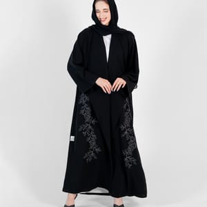 Abaya with Stitching design Silver and black Rosette Abaya - Women's Abayas 4