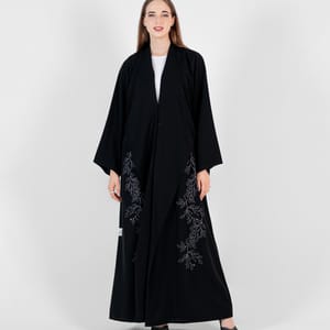Abaya with Stitching design Silver and black Rosette Abaya - Women's Abayas