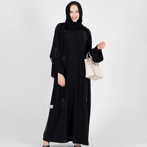 Closed abaya with High neck And flowers Black Hand Embroidery with wide sleeves Rosette Abaya - Women's Abayas 3