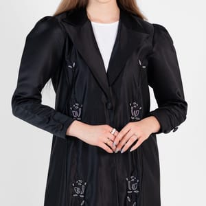 Black abaya with jacket style with silver hand embroidery and puff sleeves+button Rosette Abaya - Women's Abayas 1
