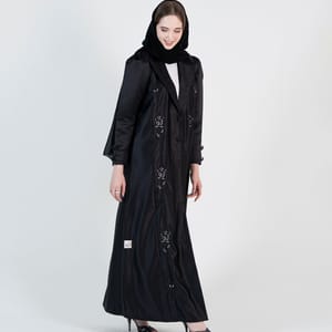 Black abaya with jacket style with silver hand embroidery and puff sleeves+button Rosette Abaya - Women's Abayas 3