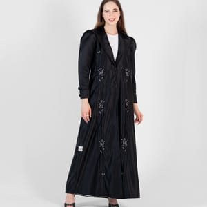 Black Abaya With Jacket Style With Silver Hand Embroidery And Puff Sleeves+Button