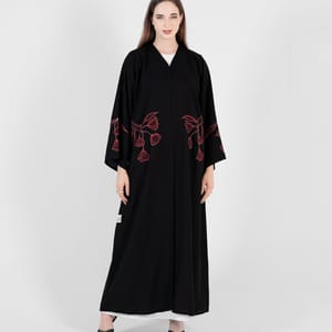 Abaya With Design Red Flowers Stitching Design - Black