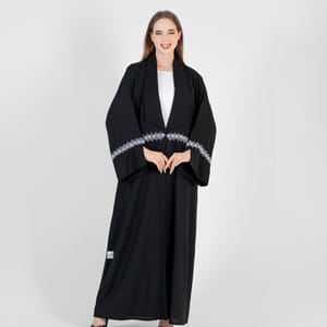 Black Abaya With Big Neck With Blue & White Hand Embroidery With Open Sleeves
