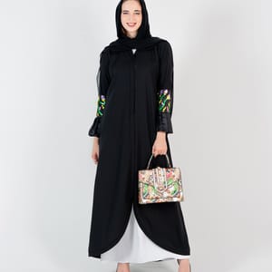 Abaya With Mix Coloring Embroidery & Pleated Puff Sleeves – Black