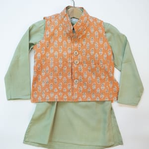 Mint Green Kurta Pajama with Peach color Block Print Jacket Kyara - Kids's Dresses 1