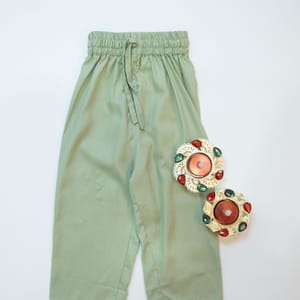 Mint Green Kurta Pajama with Peach color Block Print Jacket Kyara - Kids's Dresses 2