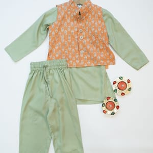 Mint Green Kurta Pajama with Peach color Block Print Jacket Kyara - Kids's Dresses 3