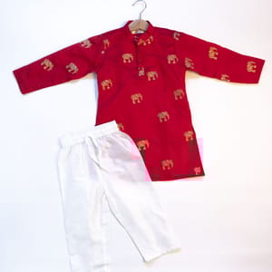 Red Elephant Gold Foil Printed Kurta With Pajama Kyara - Kids's Dresses 1