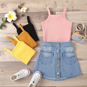 Myra Yellow Ribbed Cotton Spaghetti Top with Denim Skirt Generic - Kids's Casual Dresses 3