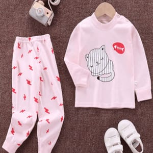 Dreamy Pink Cat Pajama Set In Pure Knitted Cotton