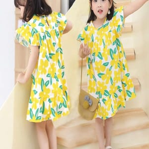 Kathrine Dress – Pure Cotton Floral Yellow Print With Flutter Sleeves Kathrine Dress – Pure Cotton Floral Yellow Print With Flutter Sleeves