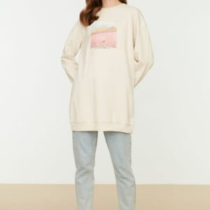 Beige Front Printed Knitted Tunic Women's Sweatshirt - Sweatshirts 1