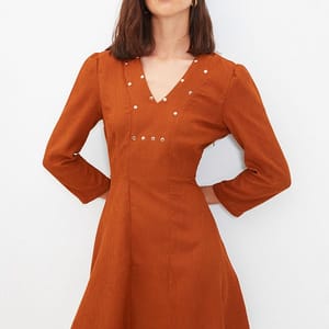 Brown V-Neck Knitted Long Sleeve Women's Dress