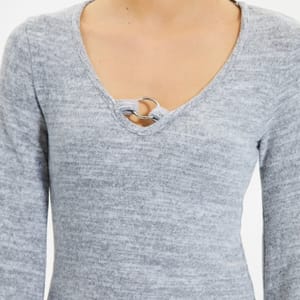 V-Neck Knitted Bell Sleeve Women's Dress - Grey Trendyol - Women's Mini Dresses 2