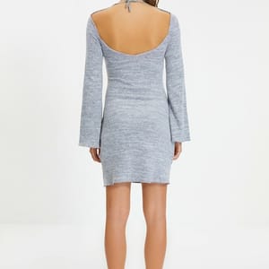 V-Neck Knitted Bell Sleeve Women's Dress - Grey Trendyol - Women's Mini Dresses 4