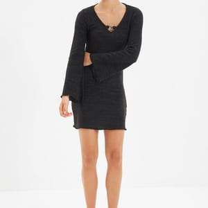 V-Neck Knitted Bell Sleeve Women's Dress - Black