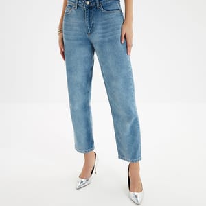 Blue Faded High Waist Women's Jeans Trendyol - Women's Straight Jeans 2