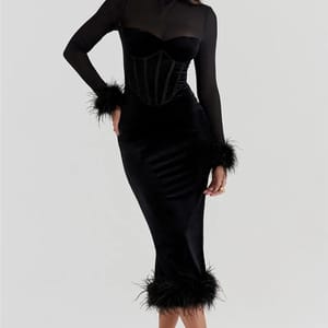 Sheer Long Sleeve Feather Detail Midi Dress