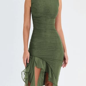 Elegant Ruffle Ruched Midi Dress – Chic Club Party Style