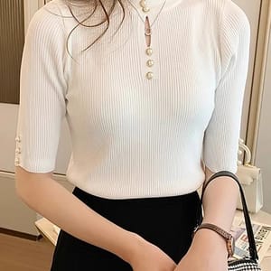 Slim Fit Knit Short Sleeve Pullover Sweater For Women