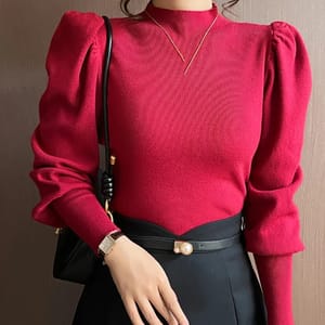 Turtleneck Puff Sleeve Slim Knit Sweater for Autumn/Winter Aossviao - Women's Sweatshirts