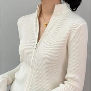 Knitted Zipper Cardigan with Stand-Up Collar